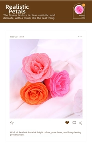 Detail of faux roses with glitter texture and realistic fabric petals in pink and orange