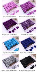 Detailed grid of artificial glitter crystal rose flower heads in eight vibrant colors