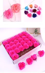 Detailed view of artificial soap rose heads in bulk gift boxes and various color options