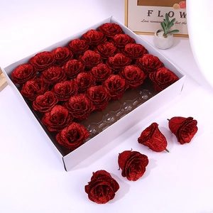 Set of 28 red glitter artificial rose heads in a white gift box for DIY floral crafts