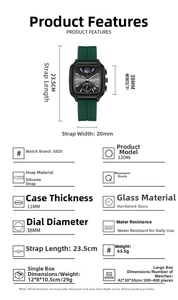 Détails de montre quartz avec bracelet silicone vert et dimensions du boîtier carré