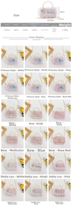 Size chart and color options for tweed girls crossbody bag with pearl handle