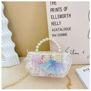 Detail of pink tweed girl's handbag featuring pearl handle, Elsa Anna patch, and lace trim