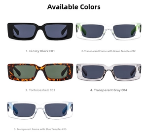 Detailed color selection of retro rectangular sunglasses in five stylish frame variations