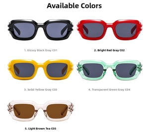 Flat lay of retro square sunglasses with lip-shaped edges in five assorted vibrant colors