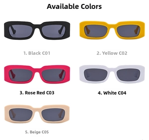 Row of colorful rectangular fashion sunglasses in black, yellow, pink, white and beige