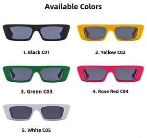 Selection of vibrant wide-temple rectangular sunglasses in five retro fashion colors