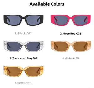 Close-up of small frame rectangular sunglasses in black, rose red, and tea colors