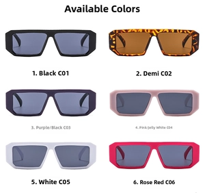 Detailed color palette of rectangular wide-frame sunglasses in six fashion-forward shades