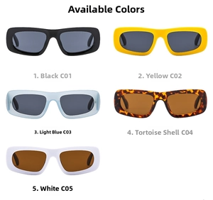 Flat lay view of small square sunglasses in black, yellow, blue, demi and white