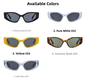 Grid display of cat-eye sunglasses in black, white, yellow, tortoise, and blue colors