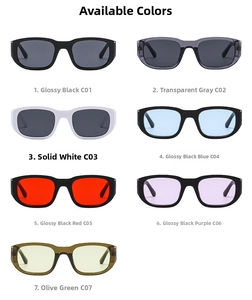 Selection of seven trendy retro rectangular sunglasses in diverse frame and lens colors