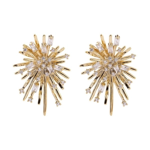 Golden sunburst stud earrings with brilliant cubic zirconia in a fireworks design