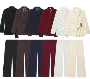 Detail view of women's business casual suits in six colors with buckle decor and pleated waist