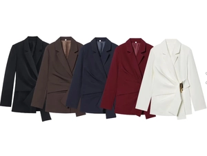 Detail of waist pleats and metal side buckles on multiple colors of slim fit blazers