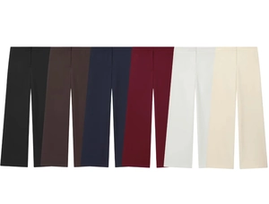 Detail of high-waisted wide-leg suit pants in six colors including black, brown, and navy