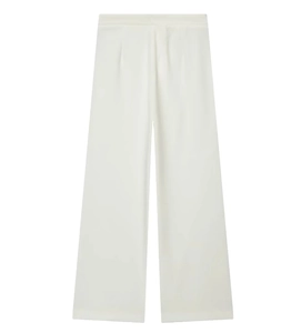 Detailed view of white high-waisted wide-leg trousers with elegant smooth fabric drape