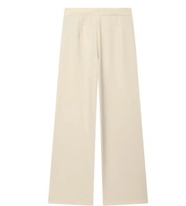 Detail of high-waist cream white wide-leg trousers with elegant draped fabric