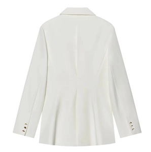 Back view of a white slim-fit blazer showing clean lines and metallic cuff buttons
