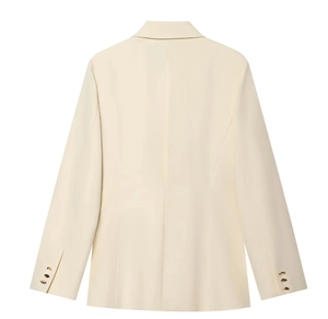 Rear view of cream tailored blazer featuring gold buttons and slim-fit waist stitching