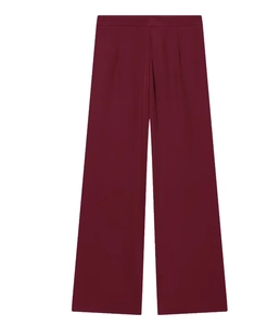 Detail of burgundy wide-leg trousers featuring high-waist cut and vertical center pleats