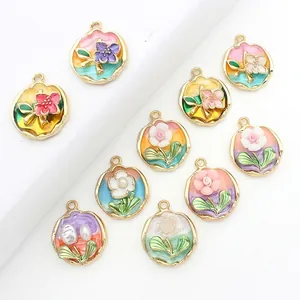 Flower Enamel Charms Pendants Alloy Resin Imitation Artificial Pearl Round Floral DIY Jewelry Making For Necklace Earrings Bracelet
