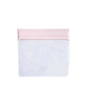Clear plastic jewelry storage bag with pink airtight seal for necklaces and earrings
