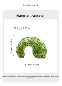 Detailed specs of green acetate claw clip showing weight of 28.8g and size 8.7cm