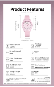 Detailed spec sheet showing 35mm pink silicone watch dimensions and technical parameters
