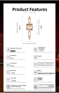 Detailed specifications of the rose gold square dial bracelet watch with size dimensions