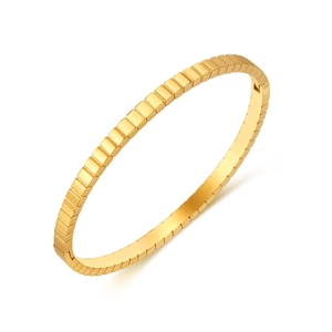 Minimalist gold titanium steel bangle with geometric block texture and side hinge
