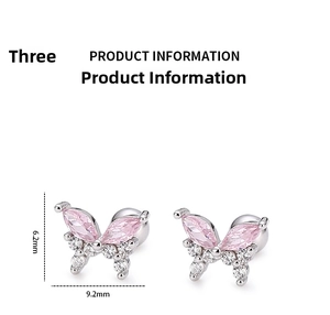 Macro shot of silver butterfly stud earring with pink zircon stones and size dimensions
