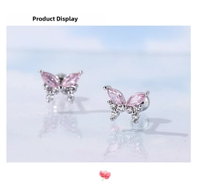 Detail showing S925 silver butterfly stud earrings with pink and white cubic zirconia