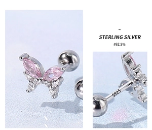 Detail of S925 sterling silver butterfly stud earring with pink zircon and screw-back ball