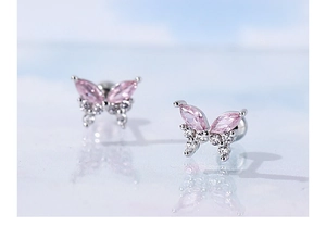 Macro view of butterfly earrings with pink marquise stones and white zircon details