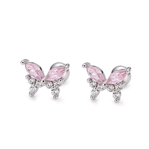S925 sterling silver butterfly stud earrings with pink marquise zircon and screw backs