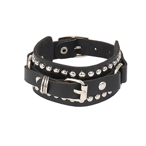 Gothic punk black PU leather bracelet with silver metal studs and adjustable buckle closure