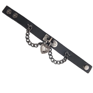 Punk gothic black PU leather bracelet with vintage heart pendant and metal rivets