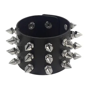 Punk gothic black PU leather cuff bracelet with three rows of silver metal spike rivets