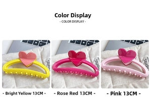 Detailed comparison of 13cm heart-shaped hair claws in vibrant yellow, rose, and pink colors
