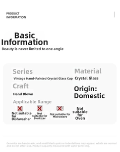 Detailed safety guide for hand-painted crystal glass showing usage restrictions and care