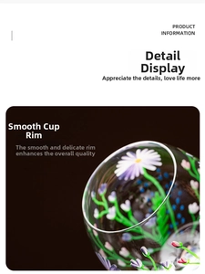 Close-up of smooth rim and purple daisy floral pattern on hand-painted wine glass