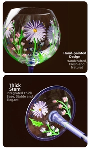 Detail of hand-painted purple daisy pattern and thick stem on a vintage wine glass