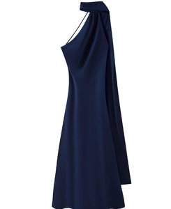 Elegantes marineblaues Satin-Neckholder-Maxikleid mit einem drapierten Schal-Detail am Hals