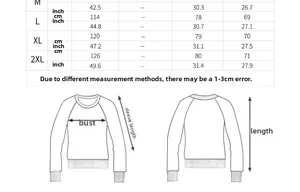 Guide des tailles pour sweat à manches raglan avec mesures du buste et de la longueur