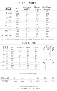 Size chart for women's crew neck t-shirt showing bust, shoulder and length in cm and inches
