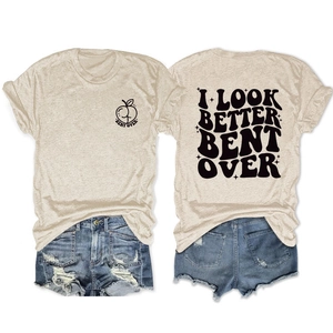 Flat lay of oatmeal T-shirt with back text print and distressed denim shorts