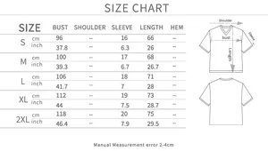 Size chart for V-neck short sleeve T-shirt showing measurements from S to 2XL in cm and inches