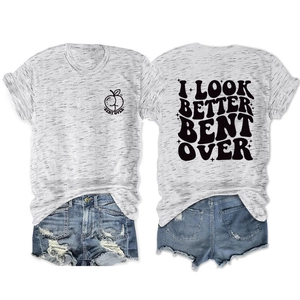 Front and back view of heather grey T-shirt with graphics and frayed denim shorts