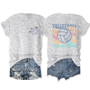Détails avant et arrière du t-shirt de volley gris avec short en jean bleu